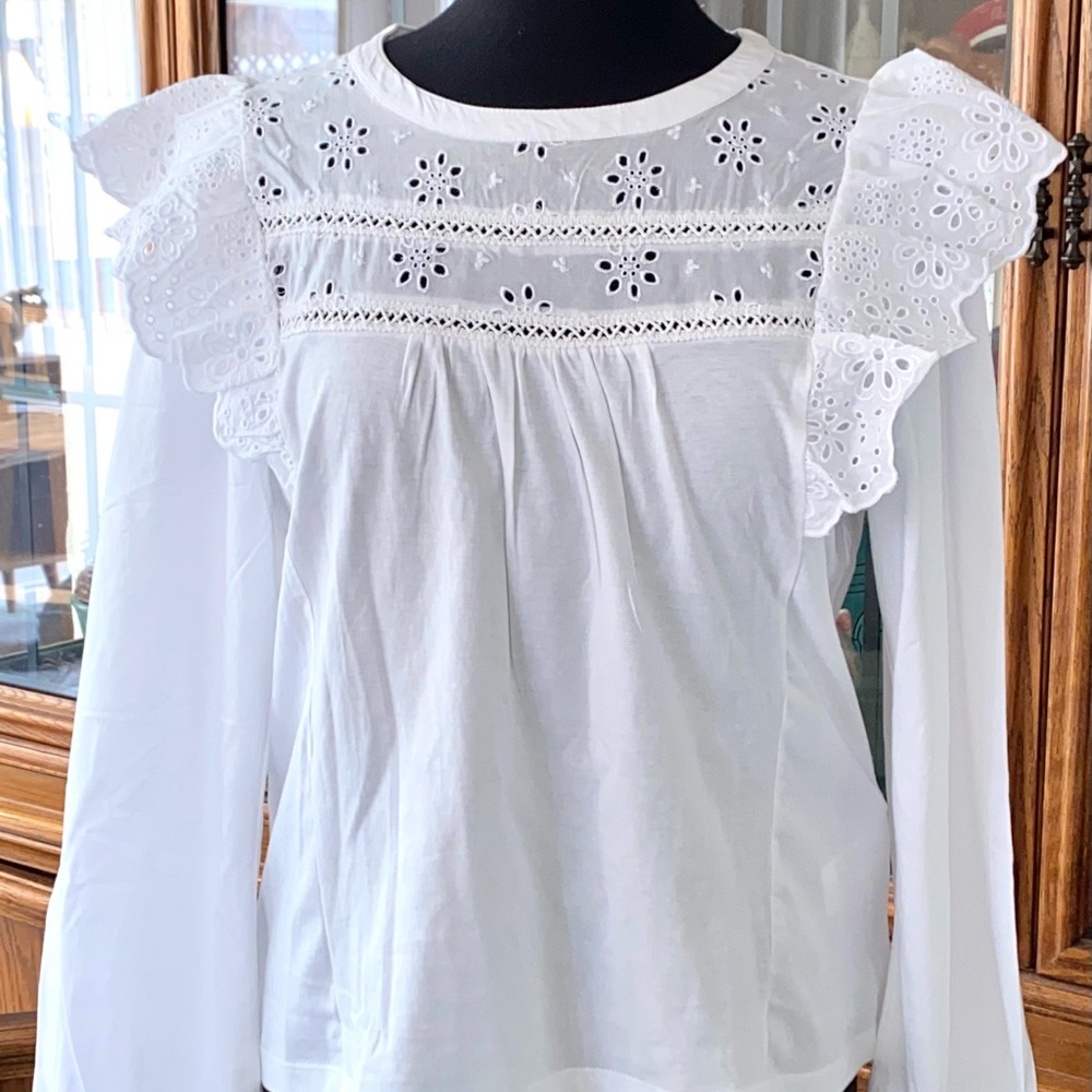 NWT J Crew White Cotton Eyelet Lace Shirt Blouse Sz L $79 Tee